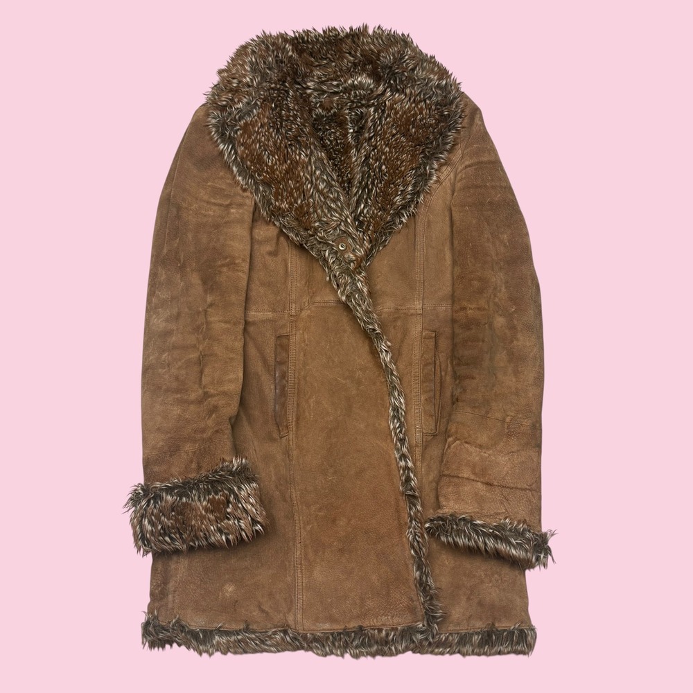 Wilsons Leather Brown Suede Faux Fur Trim Penny Lane Coat Boho Afghan Jacket